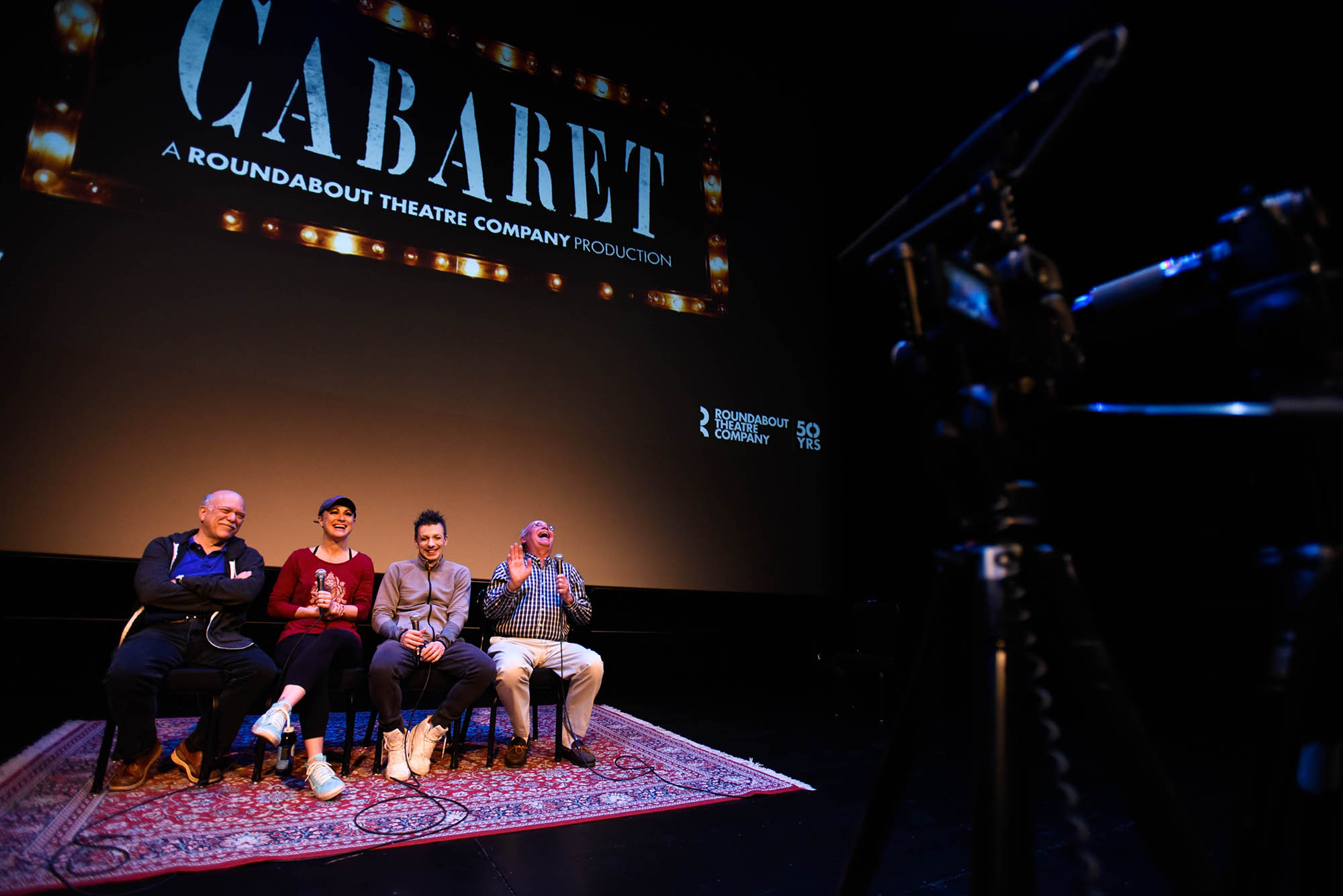Jack Aernecke, right, interviews Cabaret cast members from left Scott Robertson as Herr Schultz, Alison Ewing as Fraülein Kost and Jon Peterson as Emcee during TheatreTalk in GE Theatre at Proctors in Schenectady Thursday, May 11, 2017. The Henry Schaffer TheatreTalk series offers pre- or post-performance arts discussions are an opprotunity for audience members to engage with artists in a more intimate setting.